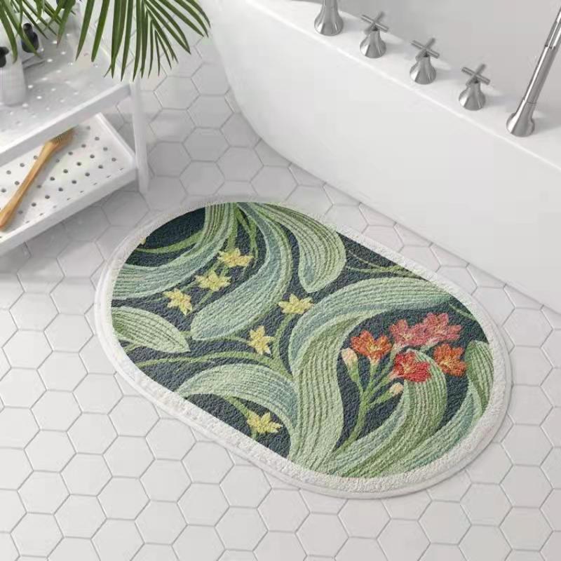 Bathroom Floor Mat Elegant American Floral Oval Cake Velvet