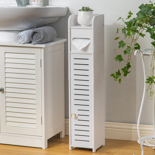Toilet Paper Roll Holder Wooden White Free Standing Bathroom Storage Cabinet