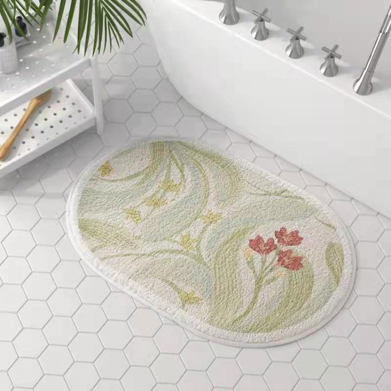 Bathroom Floor Mat Elegant American Floral Oval Cake Velvet